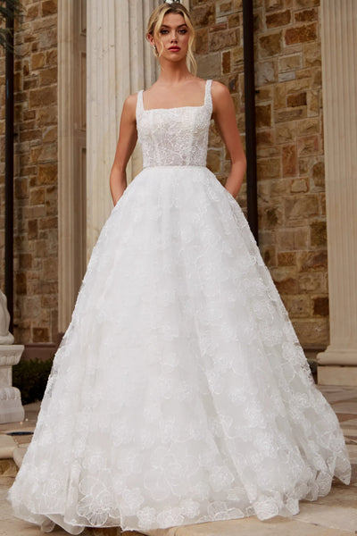 Lace Ball Gown Wedding Dress with Square Neckline Floral Lace Tulle Skirt by Jovani JB45834