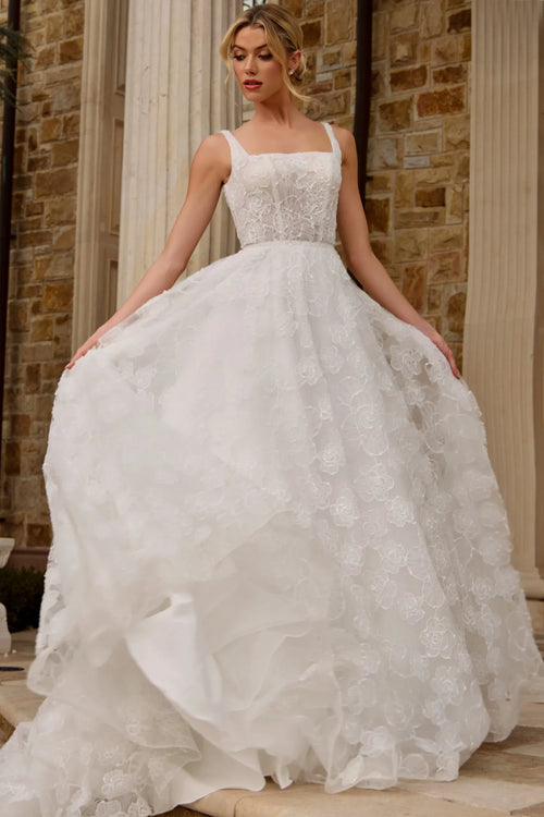 Lace Ball Gown Wedding Dress with Square Neckline Floral Lace Tulle Skirt by Jovani JB45834