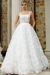 Lace Ball Gown Wedding Dress with Square Neckline Floral Lace Tulle Skirt by Jovani JB45834