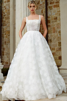 Lace Ball Gown Wedding Dress with Square Neckline Floral Lace Tulle Skirt by Jovani JB45834