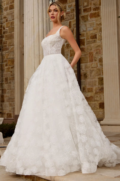 Lace Ball Gown Wedding Dress with Square Neckline Floral Lace Tulle Skirt by Jovani JB45834