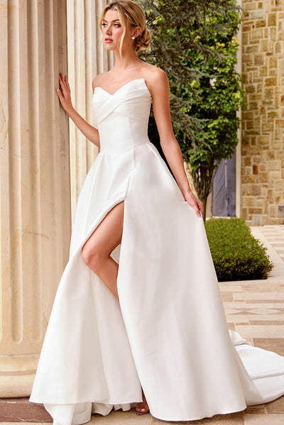 Strapless A-Line Wedding Dress with Sweetheart Neckline High Slit & Button Train by Jovani 46880