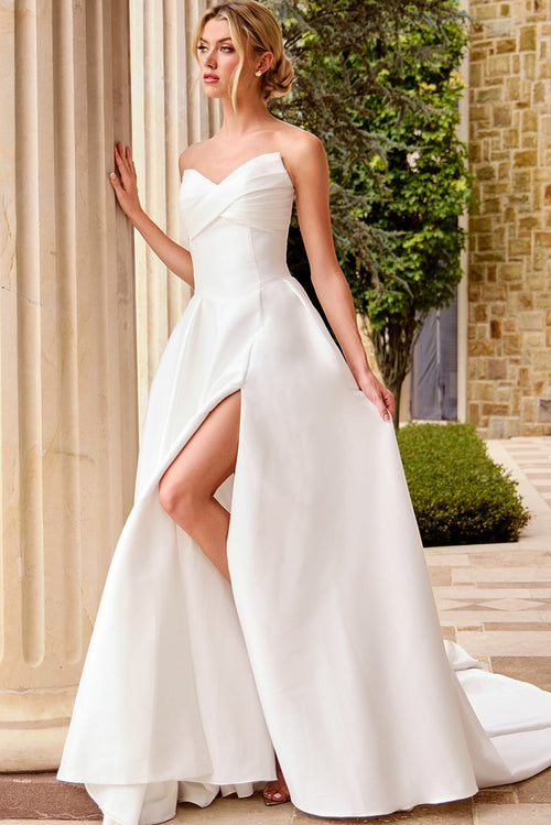 Strapless A-Line Wedding Dress with Sweetheart Neckline High Slit & Button Train by Jovani 46880