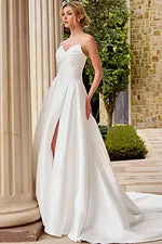 Strapless A-Line Wedding Dress with Sweetheart Neckline High Slit & Button Train by Jovani 46880