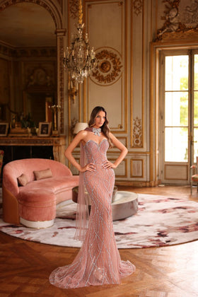 Chic and Holland AR330562 Strapless Sweetheart Beaded Sheath Prom Gown with Bow Detail