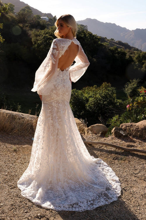 Nox Anabel JE1009L V-Neck Floral Applique Mermaid Long Wedding Dress