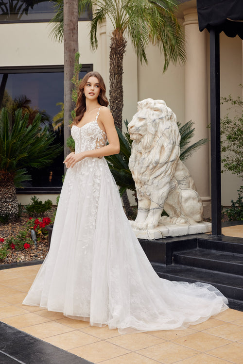 Nox Anabel JE1062L V-Neck Floral Applique A-Line Long Corset Wedding Dress with Train