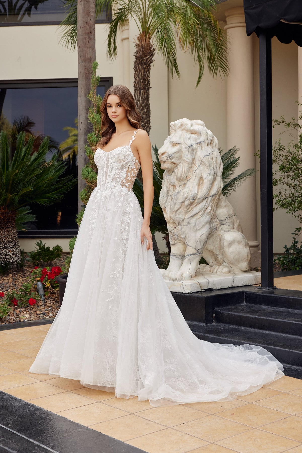 Nox Anabel JE1062L V-Neck Floral Applique A-Line Long Corset Wedding Dress with Train