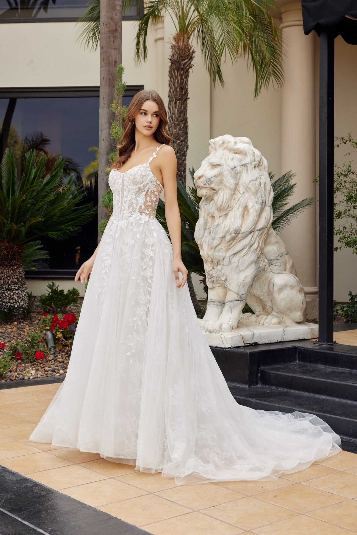 Nox Anabel JE1062L V-Neck Floral Applique A-Line Long Corset Wedding Dress with Train