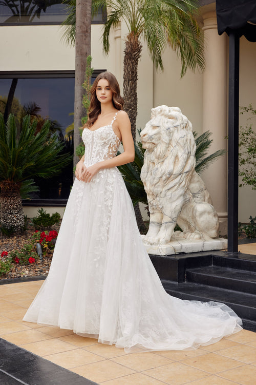 Nox Anabel JE1062L V-Neck Floral Applique A-Line Long Corset Wedding Dress with Train