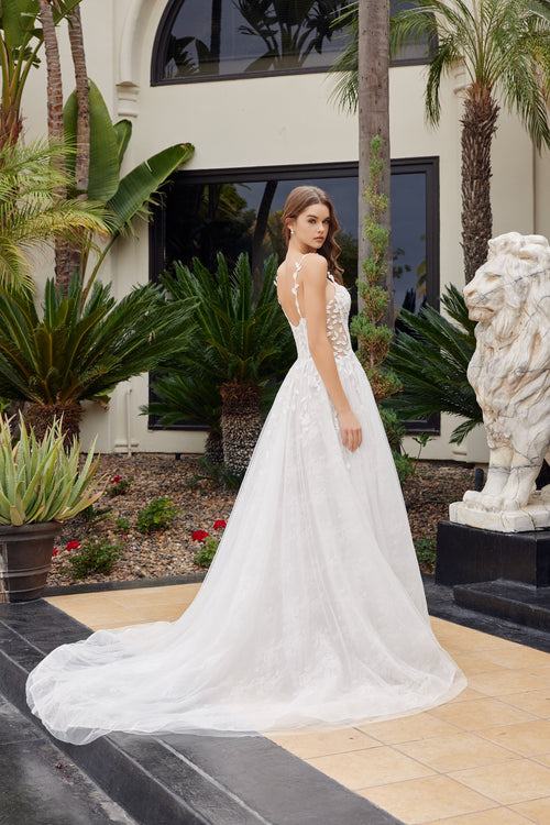 Nox Anabel JE1062L V-Neck Floral Applique A-Line Long Corset Wedding Dress with Train