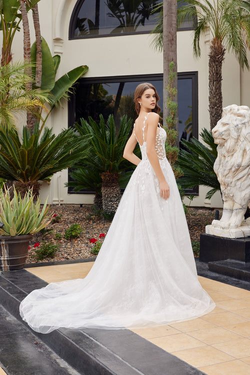 Nox Anabel JE1062L V-Neck Floral Applique A-Line Long Corset Wedding Dress with Train