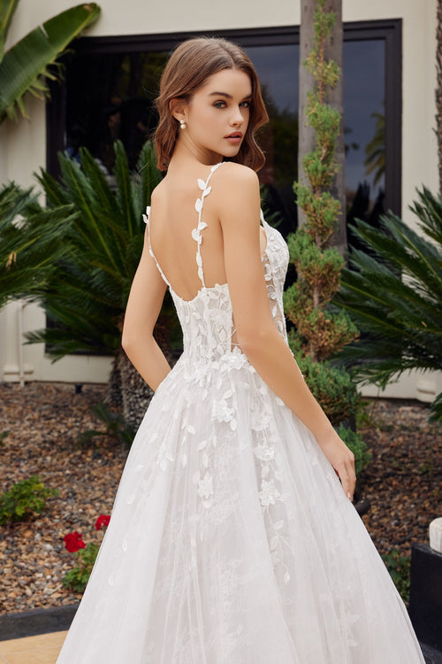 Nox Anabel JE1062L V-Neck Floral Applique A-Line Long Corset Wedding Dress with Train