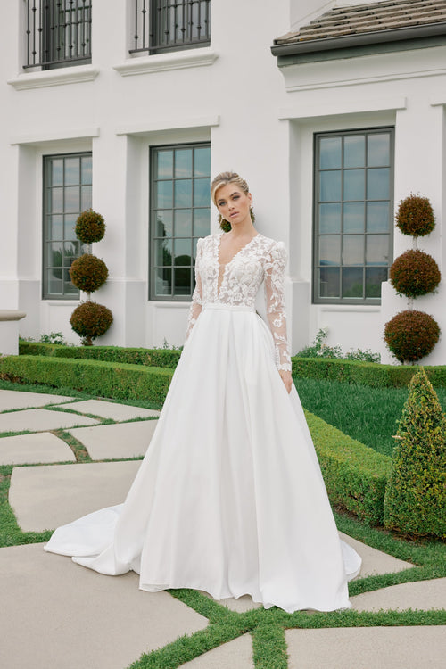 Nox Anabel JE1078 V-Neck Floral Applique A-Line Long Corset Wedding Dress with Train