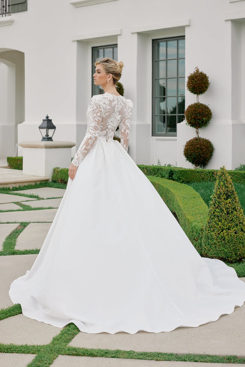 Nox Anabel JE1078 V-Neck Floral Applique A-Line Long Corset Wedding Dress with Train