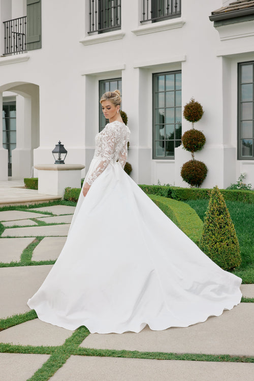 Nox Anabel JE1078 V-Neck Floral Applique A-Line Long Corset Wedding Dress with Train