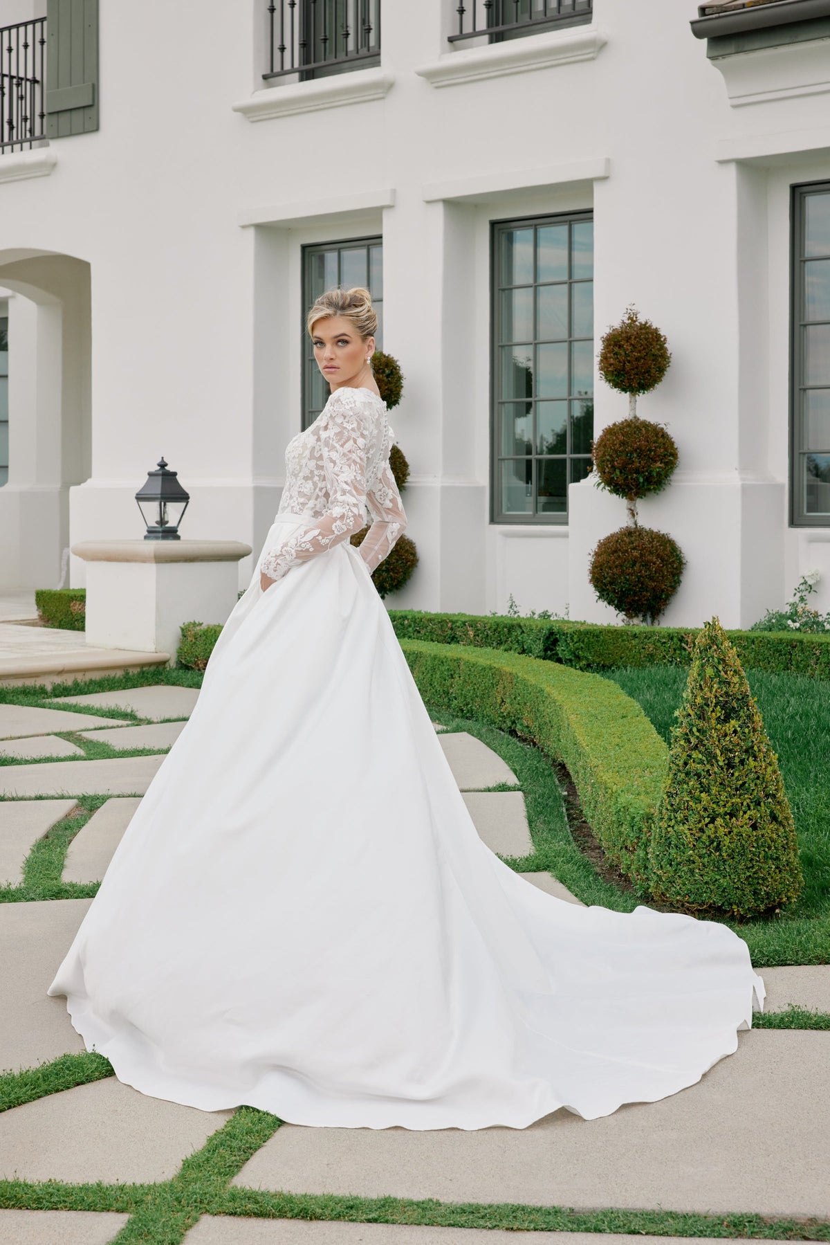 Nox Anabel JE1078 V-Neck Floral Applique A-Line Long Corset Wedding Dress with Train