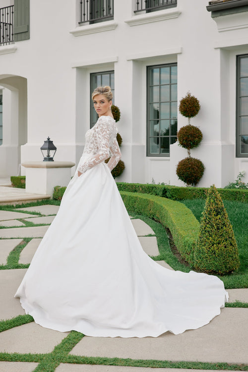 Nox Anabel JE1078 V-Neck Floral Applique A-Line Long Corset Wedding Dress with Train
