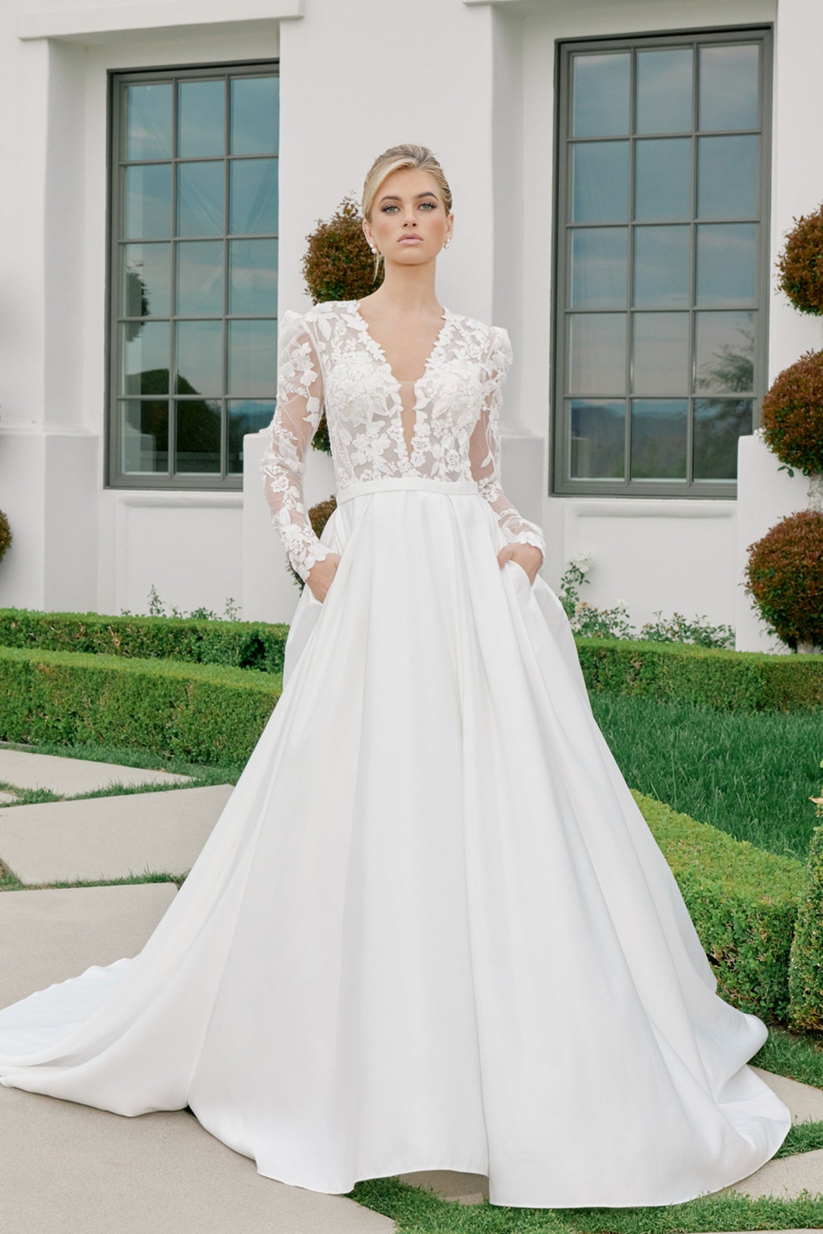 Nox Anabel JE1078 V-Neck Floral Applique A-Line Long Corset Wedding Dress with Train