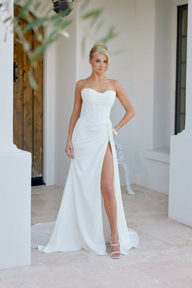 Nox Anabel JE1083 Strapless Satin Fitted Long Corset Wedding Dress with Slit