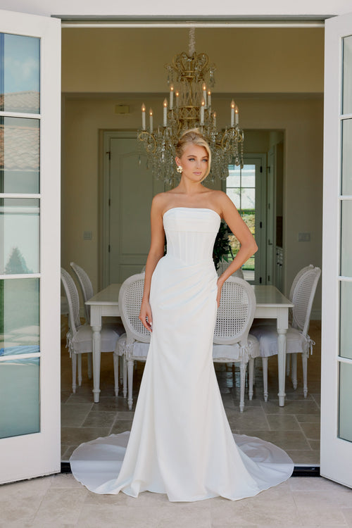 Nox Anabel JE1084 Strapless Satin Fitted Long Corset Wedding Dress with Train
