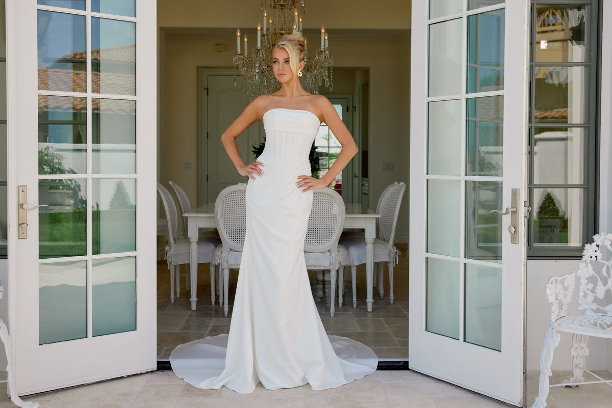 Nox Anabel JE1084 Strapless Satin Fitted Long Corset Wedding Dress with Train