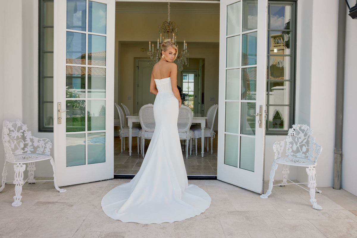 Nox Anabel JE1084 Strapless Satin Fitted Long Corset Wedding Dress with Train