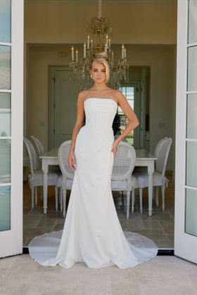 Nox Anabel JE1084 Strapless Satin Fitted Long Corset Wedding Dress with Train
