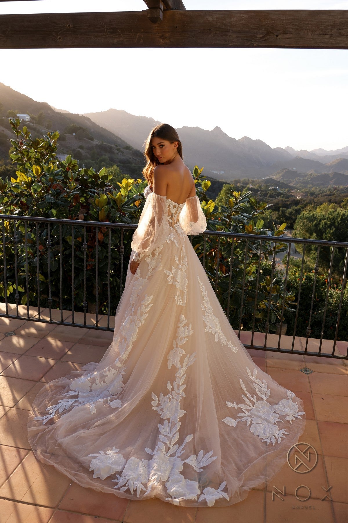 Nox Anabel JE990L Strapless Floral Applique A-Line Long Wedding Dress