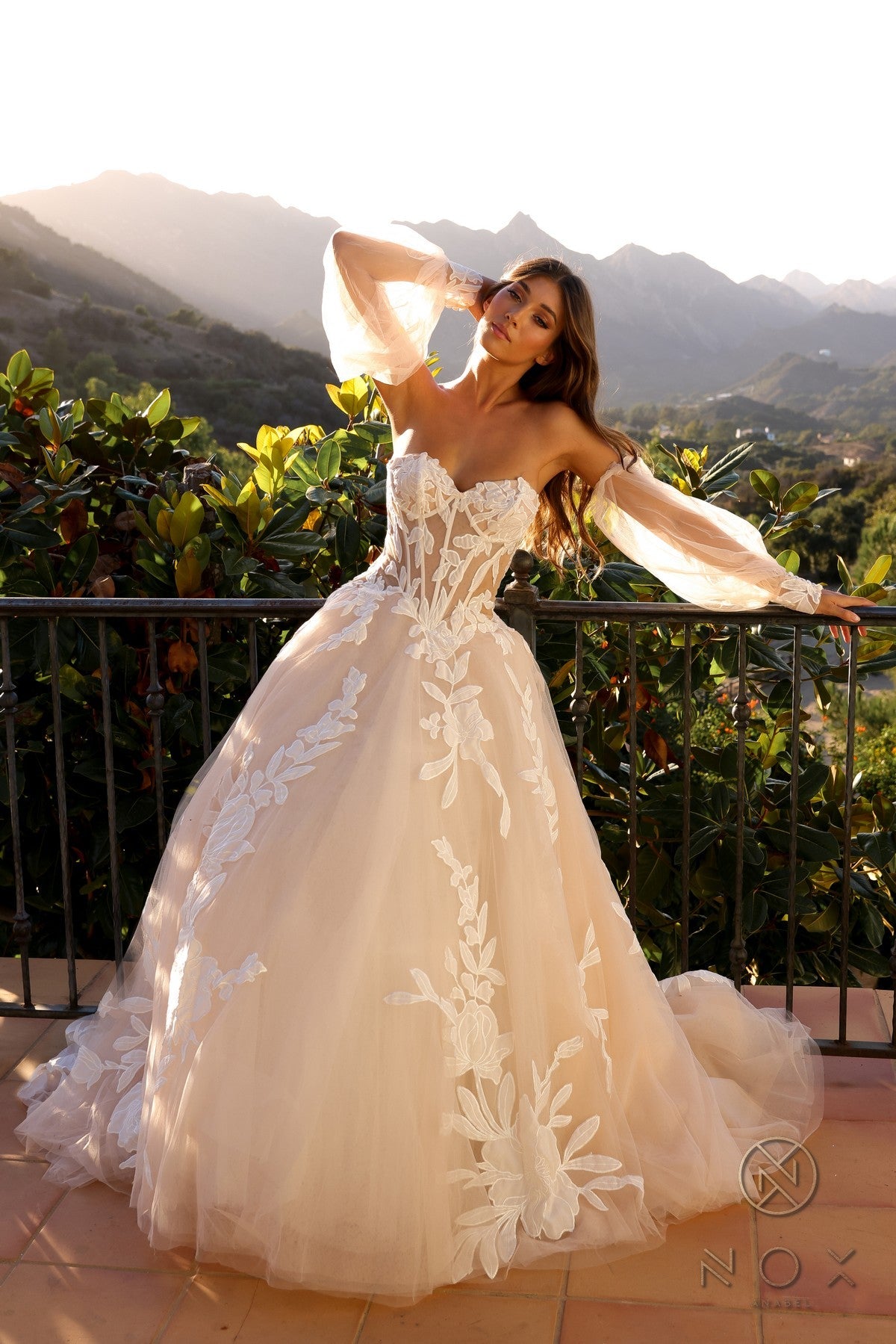 Nox Anabel JE990L Strapless Floral Applique A-Line Long Wedding Dress