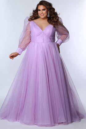 Johnathan Kayne JK2317 Plus Size V-Neck Organza A-Line Gown with Puff Sleeves