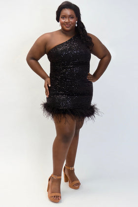 Johnathan Kayne JK2401 Plus Size One-Shoulder Sequin Gown with Feather Trim