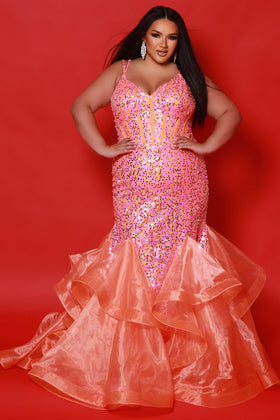 Johnathan Kayne JK2516 Plus Size V-Neck Organza Mermaid Gown