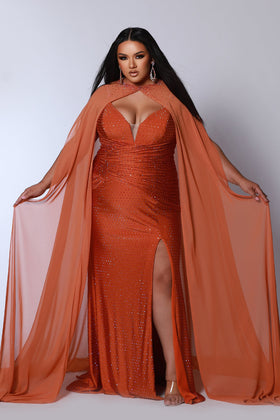 Johnathan Kayne JK2518 Plus Size V-Neck Fitted Gown with Detachable Cape