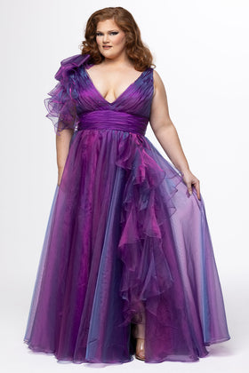 Johnathan Kayne JK2611 Plus Size V-Neck Organza A-Line Gown with Ruffles