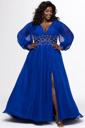 Johnathan Kayne JK2614 Plus Size Long Sleeve V-Neck Chiffon A-Line Gown