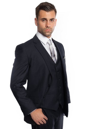 Traje de boda y negocios para hombre, de dos botones y color liso, en azul marino