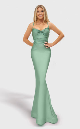 Jessica Angel JA2652 Mermaid Lace-Up Back Draped Formal Floor-Length Lace Dress