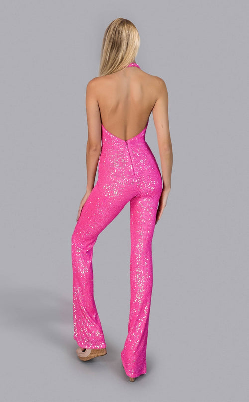 Jessica Angel JA2665 Plunging V Halter Neck Evening Sequin Jumpsuit
