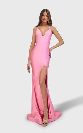 Jessica Angel JA2709 V-Neck Fitted High Slit Open Back Train Dress