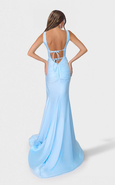 Jessica Angel JA2763 V-Neck Open Back Ruched Train Evening Formal Lace Dress