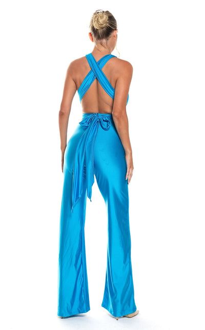Backless Halter Wide-Leg Plunge-Neck Evening Jumpsuit with Crisscross Back by Jessica Angel 849