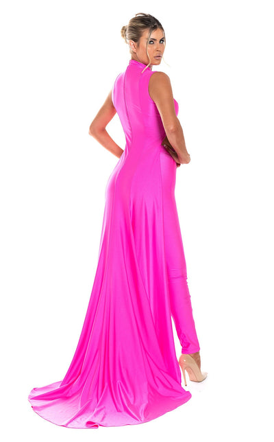 Sleeveless High Neck Cut-Out Jumpsuit with Chiffon Train Fitted Evening Outfit by Jessica Angel 863