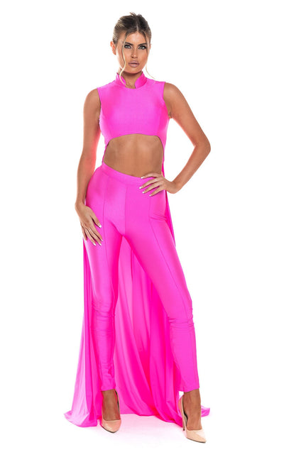 Sleeveless High Neck Cut-Out Jumpsuit with Chiffon Train Fitted Evening Outfit by Jessica Angel 863