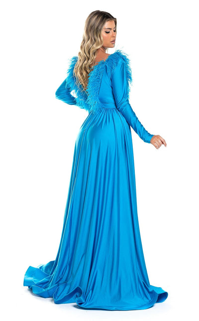 Feather Trim Long Sleeve Jumpsuit Gown with Deep V-Neck & Flowing Overskirt by Jessica Angel 864