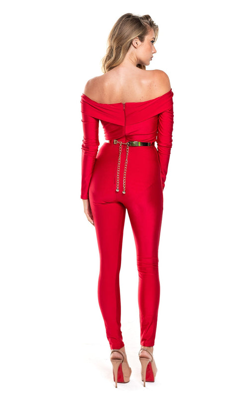 Off Shoulder Long-Sleeve Jumpsuit with Belt Sleek Bodycon Evening Dress by Jessica Angel 868