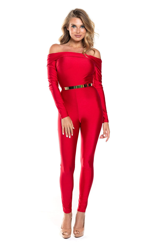 Off Shoulder Long-Sleeve Jumpsuit with Belt Sleek Bodycon Evening Dress by Jessica Angel 868
