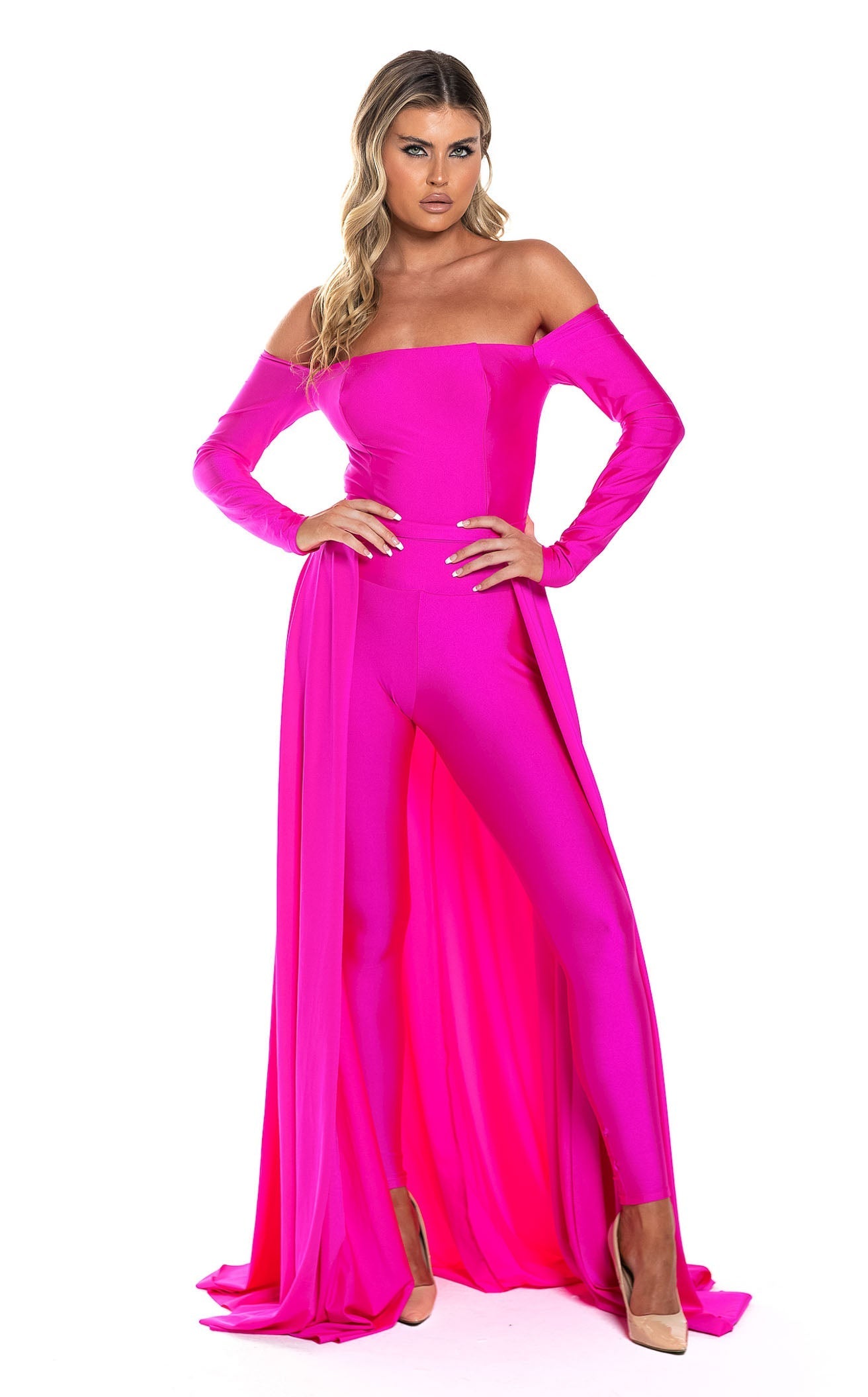 Off Shoulder Long-Sleeve Evening Jumpsuit with Open Lace-Up Back by Jessica Angel 877
