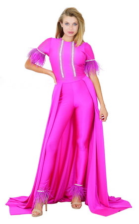 Feather Short Sleeve Convertible Formal Jumpsuit with Overskirt by Jessica Angel 917