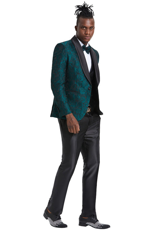 Esmoquin de graduación para hombre, de un botón, corte entallado, con estampado floral brillante de cachemira, en verde cazador